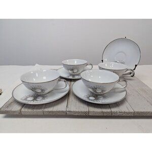 Vintage Kutani Set 4 Saucers and Cups White Silver Gray Bursts Japan Teacups